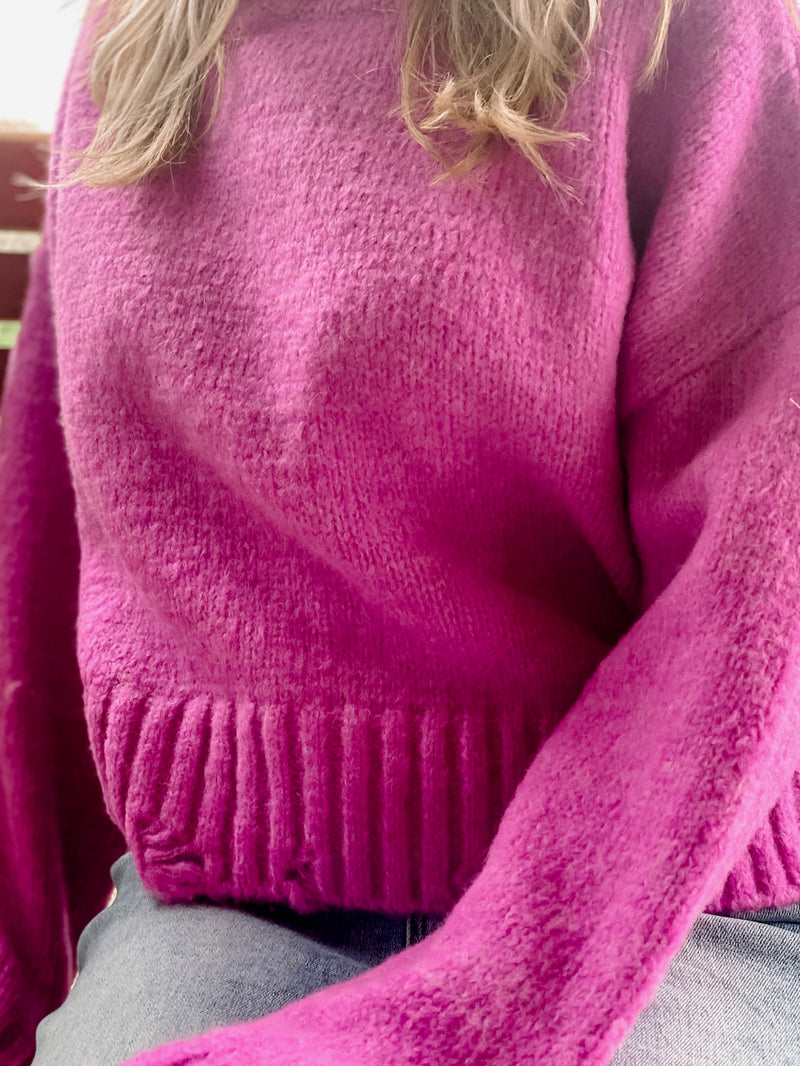 Bright Fuchsia Sweater With Distressed Hem