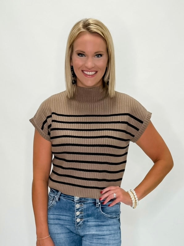 Striped Mocha Mock Neck Sweater