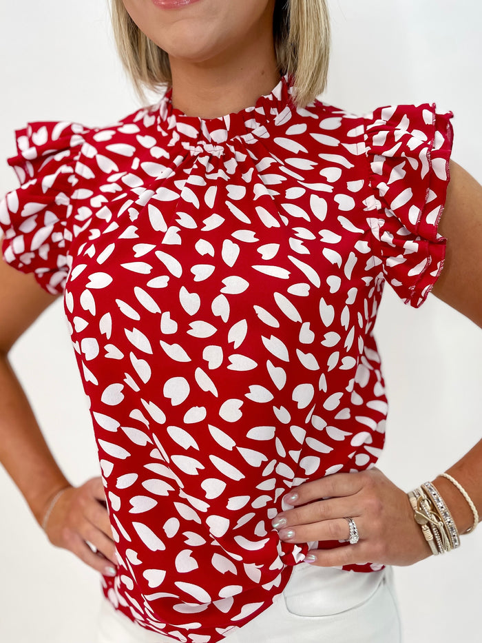 Red Abstract Dot Ruffle Blouse