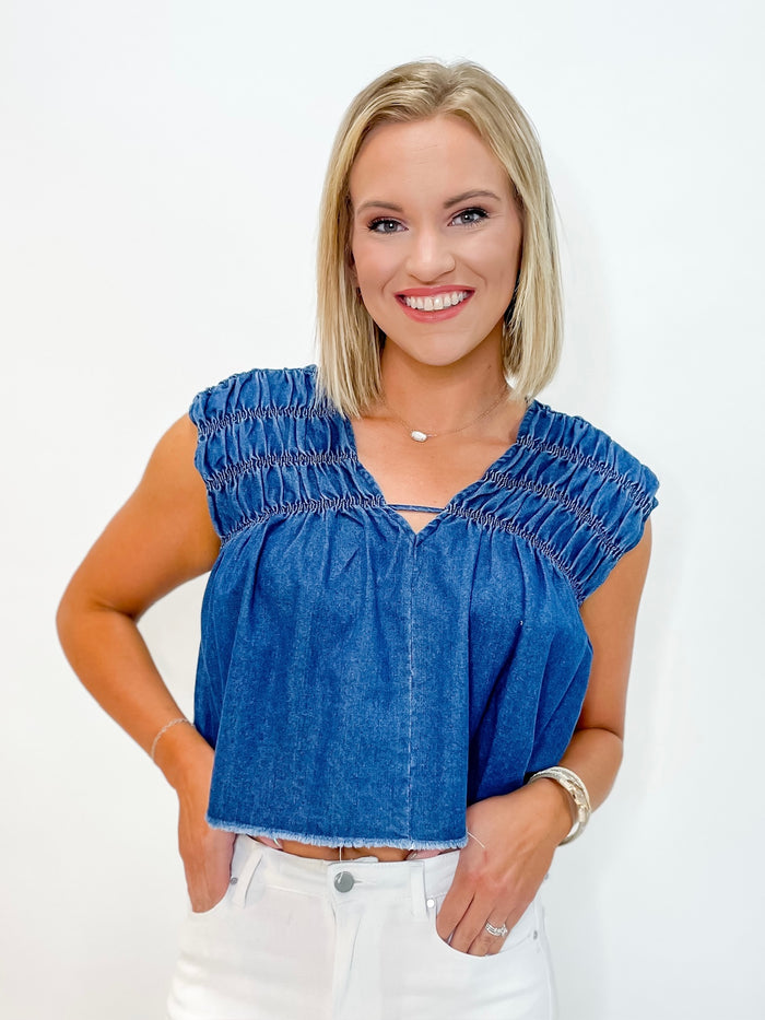 Denim Smocked V-Neck Top