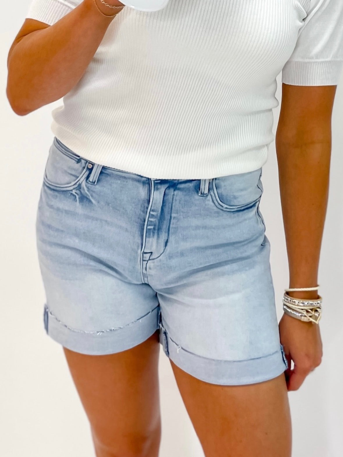 Risen High Rise Cuffed Light Wash Shorts