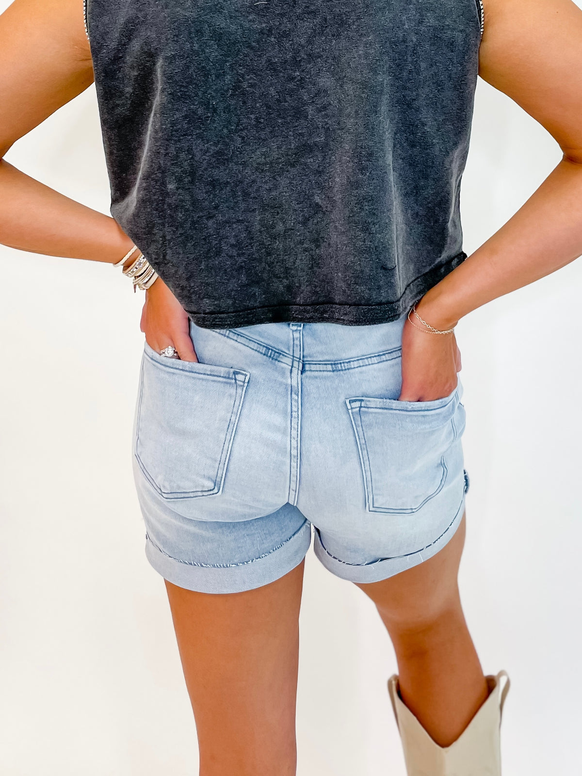 Risen High Rise Cuffed Light Wash Shorts