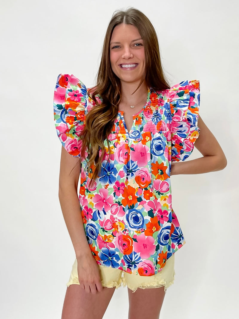 Blossom Breeze Smocked V-Neck Top