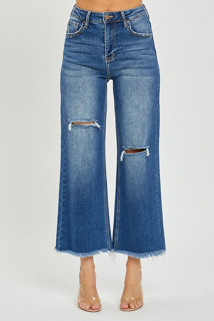 Risen High Rise Wide Leg  Frayed Ankle Dark Jean